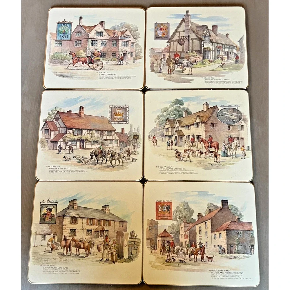 Vintage Cloverleaf Table Mats Set Olde Inns of England Cork Backed Placemats Set